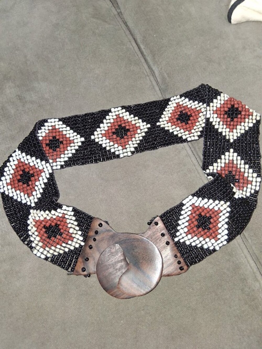 Chico's Interlocking Wood Buckle Glass Beaded Stretch Belt Aztec Print Sz M/L